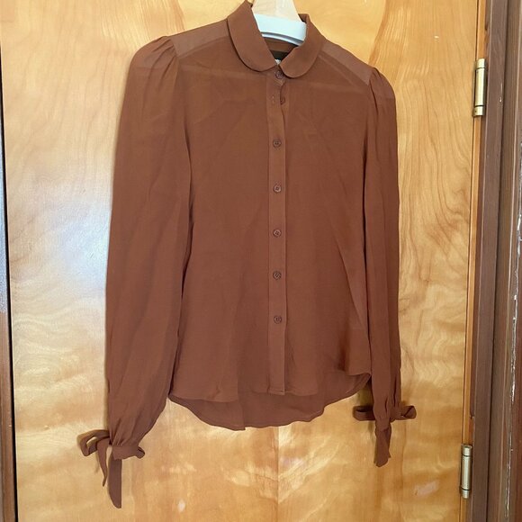 REFORMATION Long Sleeve Button Up Sheer Top Bow Cuffs Women's XS Rich Brown - Picture 2 of 13